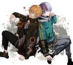  2boys aoyagi_touya back-to-back bad_id bad_twitter_id black_pants blue_hair blue_jacket brown_jacket closed_mouth earrings green_eyes grey_eyes grey_pants grin highres jacket jewelry looking_at_viewer looking_to_the_side multicolored_hair multiple_boys orange_hair pants project_sekai same_dreams_same_colors_(project_sekai) samgak shinonome_akito smile split-color_hair the_power_of_unity_(project_sekai) 