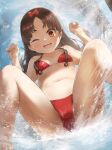  1girl bare_arms bare_legs bare_shoulders bikini black_hair bow brown_eyes collarbone highres kantai_collection long_hair navel nisshin_(kancolle) one_eye_closed open_mouth red_bikini red_bow short_eyebrows sidelocks smile solo swimsuit toka_(marchlizard) very_long_hair water 