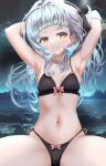  1girl absurdres arm_behind_head armpits arms_up bikini black_bikini blunt_bangs breasts closed_mouth eyelashes frvn8847 grey_hair hand_in_own_hair head_tilt highres hololive light_blush long_hair looking_at_viewer mountainous_horizon murasaki_shion navel night ocean pink_ribbon ribbon short_eyebrows side-tie_bikini_bottom sky small_breasts smile solo star_(sky) starry_sky stomach swimsuit thighs virtual_youtuber yellow_eyes 