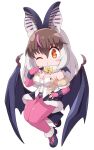  1girl animal_ears bat_ears bat_girl bat_wings brown_eyes brown_hair brown_long-eared_bat_(kemono_friends) elbow_gloves extra_ears gloves grey_hair highres kemono_friends kemono_friends_v_project leotard long_hair looking_at_viewer microphone one_eye_closed pantyhose rakugaki_arai shoes simple_background skirt solo virtual_youtuber wings 