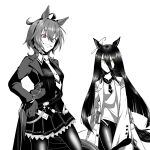  2girls absurdres agnes_tachyon_(umamusume) agnes_tachyon_(umamusume)_(cosplay) ahoge animal_ears belt biting_own_lip blunt_ends breast_envy brown_eyes coat commentary cosplay costume_switch cowboy_shot earrings greyscale grin hair_between_eyes hand_on_own_hip highres horse_ears horse_girl huge_ahoge jewelry korean_commentary lab_coat long_bangs long_hair long_sleeves looking_at_viewer manhattan_cafe_(umamusume) manhattan_cafe_(umamusume)_(cosplay) medium_hair messy_hair monochrome multicolored_hair multiple_girls necktie open_clothes open_coat pantyhose potato_(sphope) short_necktie simple_background single_earring skirt sleeves_past_fingers sleeves_past_wrists smile spot_color sweater test_tube umamusume white_background yellow_eyes zipper zipper_pull_tab 