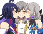  3girls :t absurdres black_hair blush_stickers bronya_rand closed_eyes collarbone colored_inner_hair commentary detached_sleeves double_cheek_kiss earrings english_commentary from_side grey_hair hair_between_eyes hair_ornament heart highres hinghoi honkai:_star_rail honkai_(series) jewelry kiss kissing_cheek long_hair looking_at_another multicolored_hair multiple_girls polygamy portrait profile purple_scarf scarf seele_(honkai:_star_rail) shirt sidelocks simple_background smile stelle_(honkai:_star_rail) trailblazer_(honkai:_star_rail) turtleneck two-tone_hair white_shirt yellow_eyes yuri 