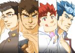  4boys adjusting_eyewear bara blue_eyes blue_fire blue_hair body_hair brown_eyes brown_hair candy chest_hair closed_mouth collared_shirt column_lineup commentary_request cross_scar facial_hair fiery_horns fire fist_in_hand food forked_eyebrows gakuran glasses gloves goatee goatee_stubble hair_slicked_back highres holding holding_candy holding_food holding_lollipop horns large_pectorals lollipop long_sideburns looking_at_viewer male_focus mole mole_under_eye motoori_shiro multiple_boys muscular muscular_male orange_eyes orange_hair partially_unbuttoned pectorals plump rimless_eyewear sakimori_toji scar scar_on_cheek scar_on_face school_uniform shirt short_hair sideburns simple_background single_glove smile stubble takabushi_kengo thick_eyebrows tokyo_afterschool_summoners tongue tongue_out upper_body white_background white_gloves white_shirt yakushimaru_ryota yon_yon_(shikawafu) 