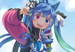  1girl ahoge animal_ears animal_hood aqua_hair blue_eyes blue_hair blue_sky cloud cloudy_sky commentary day drawstring haniwa_(leaf_garden) heterochromia highres hood hood_down hooded_coat horse_ears horse_girl long_hair long_sleeves looking_at_viewer messy_hair multicolored_coat multicolored_hair open_mouth outdoors pointing pointing_at_self purple_eyes rabbit_hood sharp_teeth sidelocks sky smile solo stuffed_animal stuffed_rabbit stuffed_toy teeth thumbs_up twin_turbo_(umamusume) twintails two-tone_hair umamusume 