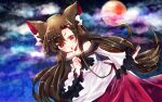  1girl animal_ear_fluff animal_ears ascot asymmetrical_bangs bare_shoulders black_ascot black_scarf brown_hair closed_mouth cloud commentary_request dress finger_to_mouth fingernails frilled_sleeves frills full_moon gem imaizumi_kagerou long_hair long_sleeves moon night night_sky off-shoulder_dress off_shoulder red_dress red_eyes red_gemstone red_moon red_nails scarf sharp_fingernails sky smile suzune_hapinesu touhou two-tone_dress v-shaped_eyebrows white_dress wide_sleeves wolf_ears 