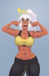  1girl abs absurdres biceps black_eyes black_pants borrowed_character breasts bright_pupils cleavage clenched_hands cowboy_shot dark-skinned_female dark_skin earrings english_commentary grey_background highres hisian_mix jewelry looking_at_viewer mia_(scott_malin) muscular muscular_female navel original outline pants ponytail sidelocks simple_background solo sports_bra white_hair white_outline white_pupils yellow_sports_bra 