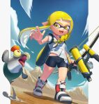  1girl absurdres arm_up bike_shorts black_shorts blonde_hair boots bow_(weapon) braid cloud domino_mask fangs fish full_body highres inkling inkling_girl long_hair mask open_mouth outdoors phonixlight pointy_ears shirt short_shorts short_sleeves shorts sky smallfry_(splatoon) smile splatoon_(series) splatoon_3 suction_cups tentacle_hair thighs tri-stringer_(splatoon) weapon white_footwear white_shirt yellow_eyes 