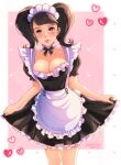  1girl absurdres apron black_bow black_bowtie black_dress black_hair blush border bow bowtie breasts brown_eyes cleavage collarbone commission dress english_commentary frilled_dress frills heart highres kawakami_sadayo large_breasts lips maid maid_apron maid_headdress parted_lips persona persona_5 pink_lips pixie_(pixieinktvis) puffy_short_sleeves puffy_sleeves short_sleeves skirt_hold solo twintails white_border 