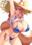  1girl animal_ears arm_up armpits bikini blue_bikini breasts byte-artist cleavage clothes_lift collarbone fang fate/grand_order fate_(series) fox_ears fox_girl fox_tail hair_between_eyes hair_tie hat highres huge_breasts long_hair looking_at_viewer navel one_eye_closed open_mouth orange_trim pink_hair shirt shirt_lift side-tie_bikini_bottom simple_background smile solo stomach straw_hat swimsuit tail tamamo_(fate) tamamo_no_mae_(swimsuit_lancer)_(fate) thighs wet white_background white_shirt 