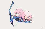  2girls arknights blue_eyes blue_poison_(arknights) bow_(weapon) color_connection commentary cropped_torso crossbow dailybloopy dress_shirt english_commentary grey_background hair_color_connection holding holding_bow_(weapon) holding_crossbow holding_weapon honkai:_star_rail honkai_(series) jacket long_sleeves look-alike march_7th_(honkai:_star_rail) medium_hair multiple_girls numbered one_eye_closed open_mouth pink_hair purple_eyes shirt short_hair simple_background smile tied_jacket two-tone_eyes weapon weapon_switch white_shirt 