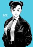  1girl absurdres ahn_dongshik blue_background breasts character_name chun-li collared_shirt commentary_request double_bun greyscale_with_colored_background hair_bun hands_in_pockets highres jacket looking_at_viewer monochrome necktie shirt short_hair smile solo street_fighter tie_clip upper_body 