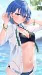  1girl bikini black_bikini blue_eyes blue_hair bowsan bracelet breasts cleavage collared_shirt earrings hair_between_eyes highres hololive hoshimachi_suisei jewelry navel official_alternate_hairstyle parted_lips partially_submerged shirt short_hair smile solo stomach swimsuit virtual_youtuber wet wet_clothes white_shirt 