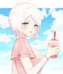  1girl blue_eyes blue_sky blush bracelet breasts cup disposable_cup faust_(limbus_company) holding holding_cup jewelry large_breasts limbus_company love_mintchoco medium_hair open_mouth pink_nails pink_shirt plaid plaid_shirt project_moon shirt short_sleeves sky solo upper_body white_hair 