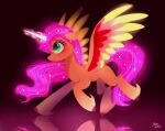  2023 digital_media_(artwork) equid equine eyelashes feathered_wings feathers female feral fur glowing glowing_hair glowing_horn glowing_tail green_eyes hair hasbro hooves horn leg_tuft mammal mlp_g5 multicolored_body multicolored_feathers multicolored_wings my_little_pony orange_body orange_fur petaltwinkle pink_body pink_feathers pink_hair pink_tail red_body red_feathers smile solo sunny_starscout_(mlp) tail tuft winged_unicorn wings yellow_body yellow_feathers 