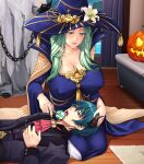  1boy 1girl absurdres blue_hair breasts byleth_(fire_emblem) byleth_(male)_(fire_emblem) byleth_(male)_(halloween)_(fire_emblem) candy cleavage covered_nipples feeding fire_emblem fire_emblem:_three_houses fire_emblem_heroes food green_hair halloween halloween_costume hat highres jack-o&#039;-lantern kerana_art lap_pillow large_breasts lollipop mature_female official_alternate_costume rhea_(fire_emblem) rhea_(halloween)_(fire_emblem) smile witch_hat 