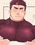  1boy bara black_hair blush bouncing_pecs cropped_torso facial_hair flaming_halo flying_sweatdrops halo heart large_pectorals looking_away male_focus mature_male motion_lines muscular muscular_male pectoral_focus pectoral_lift pectorals po_fu short_hair shy sideburns solo spiked_hair stubble sweatdrop tokyo_afterschool_summoners translation_request yellow_eyes zabaniyya_(housamo) 