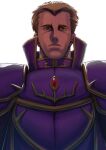  1boy aduti_momoyama armor black_cape black_eyes blonde_hair breastplate brooch cape fire_emblem fire_emblem:_the_binding_blade frown highres jewelry looking_at_viewer murdock_(fire_emblem) purple_armor red_brooch short_hair simple_background 