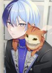  1boy absurdres animal_on_shoulder aoyagi_touya blue_hair cat chain_necklace closed_mouth commentary dark_blue_hair ear_piercing find_a_way_out_(project_sekai) grey_eyes hair_between_eyes highres jewelry lapels looking_at_viewer male_focus mole mole_under_eye multicolored_hair necklace official_alternate_costume piercing project_sekai short_hair solo split-color_hair turtleneck two-tone_hair upper_body yk62 