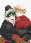  2boys bakugou_katsuki black_coat blonde_hair blush boku_no_hero_academia breath bright_pupils brown_eyes brown_gloves closed_mouth coat commentary freckles fur-trimmed_headwear fur_trim gloves green_eyes green_hair highres hkt26as holding_hands interlocked_fingers long_sleeves looking_at_viewer male_focus midoriya_izuku multiple_boys official_alternate_costume open_mouth red_gloves red_scarf scarf short_hair simple_background smile spiked_hair teeth upper_body white_background white_pupils winter_clothes 
