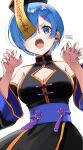  1girl absurdres bare_shoulders blue_eyes blue_hair chinese_clothes claw_pose cleavage_cutout clothing_cutout commentary_request gao hair_over_one_eye hat highres jiangshi kumuo_(mirakurufusao) ofuda ofuda_on_head open_mouth outstretched_arms purple_nails qing_guanmao re:zero_kara_hajimeru_isekai_seikatsu rem_(re:zero) short_hair simple_background solo talisman white_background zombie zombie_pose 