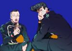  2boys bandage_on_face bandages bandaid bandaid_on_face bandaid_on_nose blue_background commentary_request diamond_wa_kudakenai earrings gakuran hand_on_own_face higashikata_josuke holding ice_cream_cone jewelry jojo_no_kimyou_na_bouken long_sleeves looking_at_viewer male_focus mizudama multicolored_hair multiple_boys nijimura_okuyasu open_mouth pants pompadour school_uniform short_hair smile two-tone_hair 