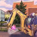  animal_crossing artist_name blue_sky bob_(animal_crossing) building cat closed_eyes cloud day excavator fawn_(fawnyawns) grass highres lying on_back open_mouth outdoors punchy_(animal_crossing) road scenery sidewalk sky sleeping tree zzz 