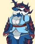  anthro armor asian_clothing blue_body blue_clothing blue_tail breasts claws clothing denbukuro east_asian_clothing facial_hair female hair headgear helmet hisuian_form hisuian_samurott japanese_clothing kimono navel nintendo open_mouth panties pokemon pokemon_(species) pokemon_legends_arceus red_claws red_eyes red_nose regional_form_(pokemon) simple_background solo spiked_tail spikes spikes_(anatomy) standing tail underwear white_clothing white_hair white_panties white_underwear 
