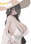  1girl absurdres bbolalus black_choker black_hair blue_archive breasts choker cleavage hair_over_one_eye halo hat highres hinata_(blue_archive) hinata_(swimsuit)_(blue_archive) large_breasts long_hair one-piece_swimsuit red_eyes solo sun_hat swimsuit very_long_hair white_one-piece_swimsuit 