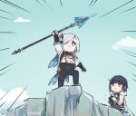  2girls aqua_eyes arm_up bare_shoulders black_gloves blue_eyes blue_hair blue_sky bodystocking calamity_queller_(genshin_impact) chibi cloud commentary day emphasis_lines fur_trim genshin_impact gloves grey_shirt hair_ornament holding holding_polearm holding_weapon long_sleeves looking_at_viewer multiple_girls outdoors polearm shenhe_(genshin_impact) shirt short_hair sky sleeveless smile spear weapon white_hair xinzoruo yelan_(genshin_impact) 