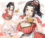  1girl absurdres apron black_hair breasts burger cleavage cup disposable_cup dress ebihara_naho employee_uniform fast_food fast_food_uniform food green_eyes hair_intakes hand_on_own_hip hat heart highres idolmaster idolmaster_cinderella_girls large_breasts leaning_forward long_hair looking_at_viewer mini_hat multiple_views open_mouth red_dress roller_skates skates smile striped striped_dress toruneko tray uniform 