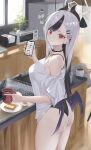  1girl :3 ass black_hair blue_archive blush bread choker commentary_request cup demon_horns food hair_between_eyes halo highleg highleg_leotard highres holding holding_cup holding_phone horns kayoko_(blue_archive) kitchen leotard leotard_under_clothes long_hair looking_at_viewer multicolored_hair phone piercing red_eyes renge_(730) short_sleeves smile solo streaked_hair thighs two-tone_hair white_hair wings 