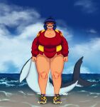  absurd_res animal_humanoid armorv1 big_breasts black_sclera bodily_fluids breasts cleavage clothed clothing cloud cum day female fish fish_humanoid full-length_portrait genital_fluids hi_res huge_breasts humanoid marine marine_humanoid overweight overweight_female portrait red_clothing sea shark_humanoid sharp_teeth sky smile solo standing teeth water wet 