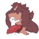  ambiguous_gender balls biceps blush brown_body brown_fur canid canine canis cookie_run_kingdom devsisters duo embrace fur genitals horn hug male mammal muscular muscular_male pecs penis red_eyes schwarzwalder simple_background white_background wolf 