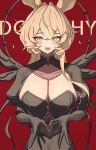  1girl 360_(taiyo360) :d absurdres animal_ears arknights black_dress blonde_hair blush breasts character_name cleavage crossed_bangs dorothy_(arknights) dorothy_(hand_of_destiny)_(arknights) dress hair_between_eyes heart heart_hands highres large_breasts long_hair looking_at_viewer mouse_ears mouse_girl official_alternate_costume open_mouth smile solo upper_body yellow_eyes 