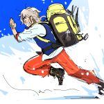  1boy arven_(pokemon) backpack bag blue_vest brown_hair haruhashi highres long_hair multicolored_hair naranja_academy_school_uniform orange_pants pants pokemon pokemon:_paldean_winds pokemon_(game) pokemon_sv running school_uniform shirt snow vest yellow_bag 