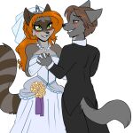  1:1 2016 5_fingers anthro black_nose black_tie_(suit) blush breasts brown_body brown_fur brown_hair bruce_altone canid canine canis clothing crown dancing dress duo female fingers fur gem gloves green_eyes grey_body grey_fur hair hand_holding handwear headgear hi_res humanoid_hands husband_and_wife interlocked_fingers jewelry love male male/female mammal markings married_couple necklace pearl_(gem) pearl_necklace phuufy procyonid raccoon red_hair ring_(marking) ringtail romantic romantic_couple smile suit tail tail_markings the_darwin_chronicles tiara tracy_mombaro wedding wedding_dress wolf 