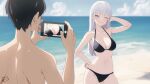  1boy 1girl ;) back beach bikini black_bikini black_hair breasts cellphone cloud day english_commentary grey_eyes grey_hair hand_on_own_hip holding holding_phone keihh large_breasts navel ocean one_eye_closed original outdoors phone posing sky smartphone smile smirk stomach swimsuit taking_picture 