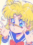  1girl absurdres artist_name bishoujo_senshi_sailor_moon blonde_hair blue_eyes blue_sailor_collar bow closed_mouth double_bun hair_bun highres notperera pencil red_bow sailor_collar school_uniform simple_background solo tsukino_usagi twitter_username 