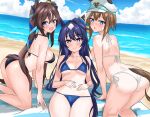  3girls :3 animal_ears ass beach_towel bikini black_bikini blue_bikini blue_eyes blue_headwear blue_sky blush breasts cheval_grand_(umamusume) cleavage cloud cloudy_sky commentary_request ear_covers ear_ornament ears_through_headwear hair_between_eyes hat highres horse_ears horse_girl horse_tail looking_at_viewer medium_breasts multicolored_hair multiple_girls ocean on_ground open_mouth outdoors peaked_cap sand side-tie_bikini_bottom single_ear_cover sky smile streaked_hair sweat swimsuit tail towel tsumu618 twintails umamusume verxina_(umamusume) vivlos_(umamusume) water white_bikini white_hair white_headwear 