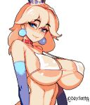  1girl areola_slip armpit_crease bikini blonde_hair blue_eyes blush breasts covered_nipples crown doxy elbow_gloves eyeliner gloves hair_between_eyes huge_breasts huge_nipples large_areolae lips looking_at_viewer makeup mario_(series) micro_bikini pixel_art princess_peach shadow simple_background solo swimsuit tilted_headwear twitter_username upper_body white_background white_bikini 