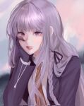  1girl black_gloves black_ribbon breasts brown_necktie closed_mouth danganronpa:_trigger_happy_havoc danganronpa_(series) gloves hair_ribbon hand_on_own_cheek hand_on_own_face hand_up highres jacket kirigiri_kyoko kkochmeli long_hair looking_at_viewer medium_breasts necktie open_clothes open_jacket pink_eyes pink_hair purple_eyes purple_jacket ribbon solo upper_body 