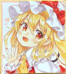  1girl :d ascot blonde_hair bow commentary_request fang flandre_scarlet frilled_shirt_collar frills hand_up hat hat_bow heart highres looking_at_viewer medium_hair mimi_(mimi_puru) nail_polish open_mouth pointy_ears red_bow red_eyes red_nails shikishi simple_background smile solo touhou traditional_media wrist_cuffs yellow_ascot 