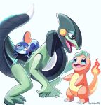  blue_eyes charmander closed_eyes closed_mouth cyclizar fangs half-closed_eyes headpat looking_at_another mochopaccho no_humans open_mouth pokemon pokemon_(creature) pokemon_on_back smile sobble standing twitter_username white_background 