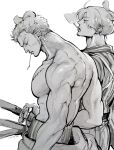  2boys absurdres closed_eyes cowboy_shot earrings facial_hair from_side goatee greyscale highres jewelry large_pectorals male_focus monochrome mouth_hold multiple_boys muscular muscular_male nipples nowosuke official_alternate_costume one_piece pectorals roronoa_zoro sanji_(one_piece) scar scar_across_eye sheath sheathed short_hair single_earring smoking stalk_in_mouth topless_male veins veiny_arms 