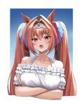  1girl animal_ears antenna_hair arms_under_breasts breasts brown_hair commentary_request crossed_arms daiwa_scarlet_(umamusume) fang frilled_shirt frills hair_between_eyes hair_intakes highres horse_ears long_hair looking_at_viewer medium_breasts off-shoulder_shirt off_shoulder open_mouth puffy_short_sleeves puffy_sleeves purple_eyes qing_(sankakuosushi) shirt short_sleeves solo tiara twintails twitter_username umamusume upper_body very_long_hair white_shirt 