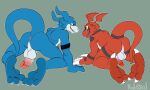  5:3 all_fours anthro anus balls bandai_namco blue_body butt digimon digimon_(species) duo erection flamedramon genitals guilmon kolossal male penis perineum presenting presenting_anus red_body red_eyes yellow_eyes 