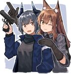  2girls animal_ear_fluff animal_ears arknights black_gloves black_jacket blush border brown_hair collared_shirt donki_(yeah) dragon_girl dragon_horns extra_ears fox_ears fox_girl franka_(arknights) gloves grey_background grey_hair grey_shirt gun hair_between_eyes hand_on_another&#039;s_shoulder handgun highres holding holding_gun holding_weapon horns jacket liskarm_(arknights) long_hair long_sleeves looking_at_viewer multiple_girls one_eye_closed open_clothes open_jacket outside_border red_eyes salute shirt sidelocks simple_background sweatdrop two-finger_salute upper_body weapon white_border yellow_eyes 