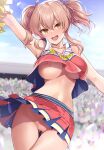  1girl :d arm_up armpits ass_visible_through_thighs blue_sky blush breasts cheering cheerleader cloud collarbone crop_top day hair_between_eyes hair_ribbon highres holding holding_pom_poms idolmaster idolmaster_cinderella_girls jougasaki_mika large_breasts lips long_hair looking_at_viewer midriff mk_(mod0) navel no_bra no_panties open_mouth outdoors pink_hair pleated_skirt pom_pom_(cheerleading) pussy ribbon skirt sky sleeveless smile stadium teeth twintails upper_teeth_only yellow_eyes 