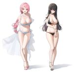  2girls arms_behind_back bikini black_bikini black_hair blush breasts hand_on_own_arm highres jeon-eo_konoshiro jewelry large_breasts legs long_hair looking_at_viewer multiple_girls necklace original pink_hair red_eyes standing swimsuit thighs white_background white_bikini 