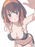  1girl bikini black_bikini blush bob_cut breasts brown_eyes brown_hair cleavage collarbone commentary_request hair_ribbon hairband highres large_breasts looking_at_viewer medium_hair parted_lips rai_iceblast ribbon solo suzumiya_haruhi suzumiya_haruhi_no_yuuutsu swimsuit yellow_hairband yellow_ribbon 